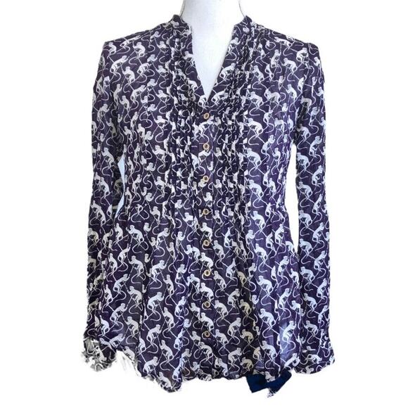 Maeve Anthropologie Purple Monkey Button-Up Blouse Size 0 - Picture 2 of 7